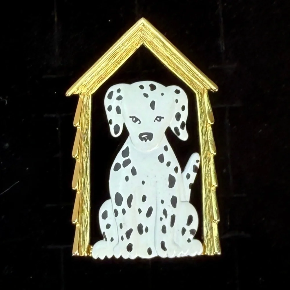 Signed JJ Dalmatian Dog in Doghouse Gold Tone Brooch Pin White Black Enamel